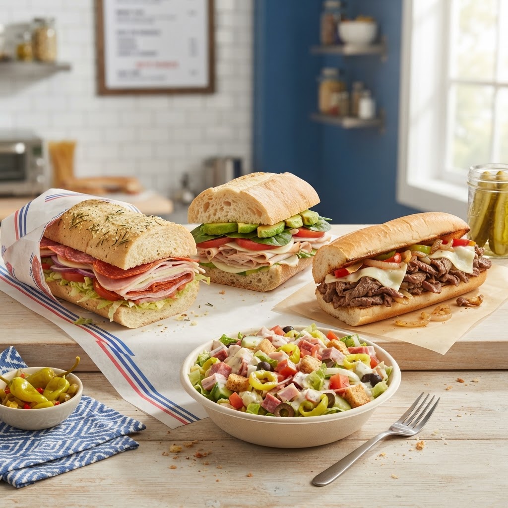 Jersey Mike's nutrition calculator — assorted subs including Italian, turkey provolone, steak philly, and sub in a tub in red white and blue color palette