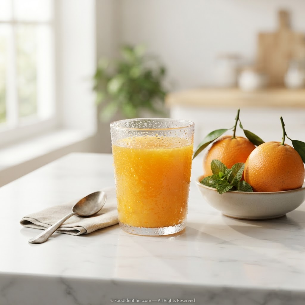 A glass of fresh orange juice with oranges — 45 calories per 100g