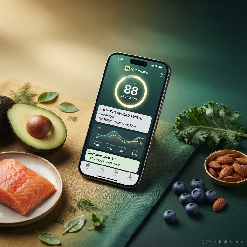 Premium nutrition app interface on smartphone surrounded by healthy ingredients — FoodIdentifier Pro features and pricing comparison