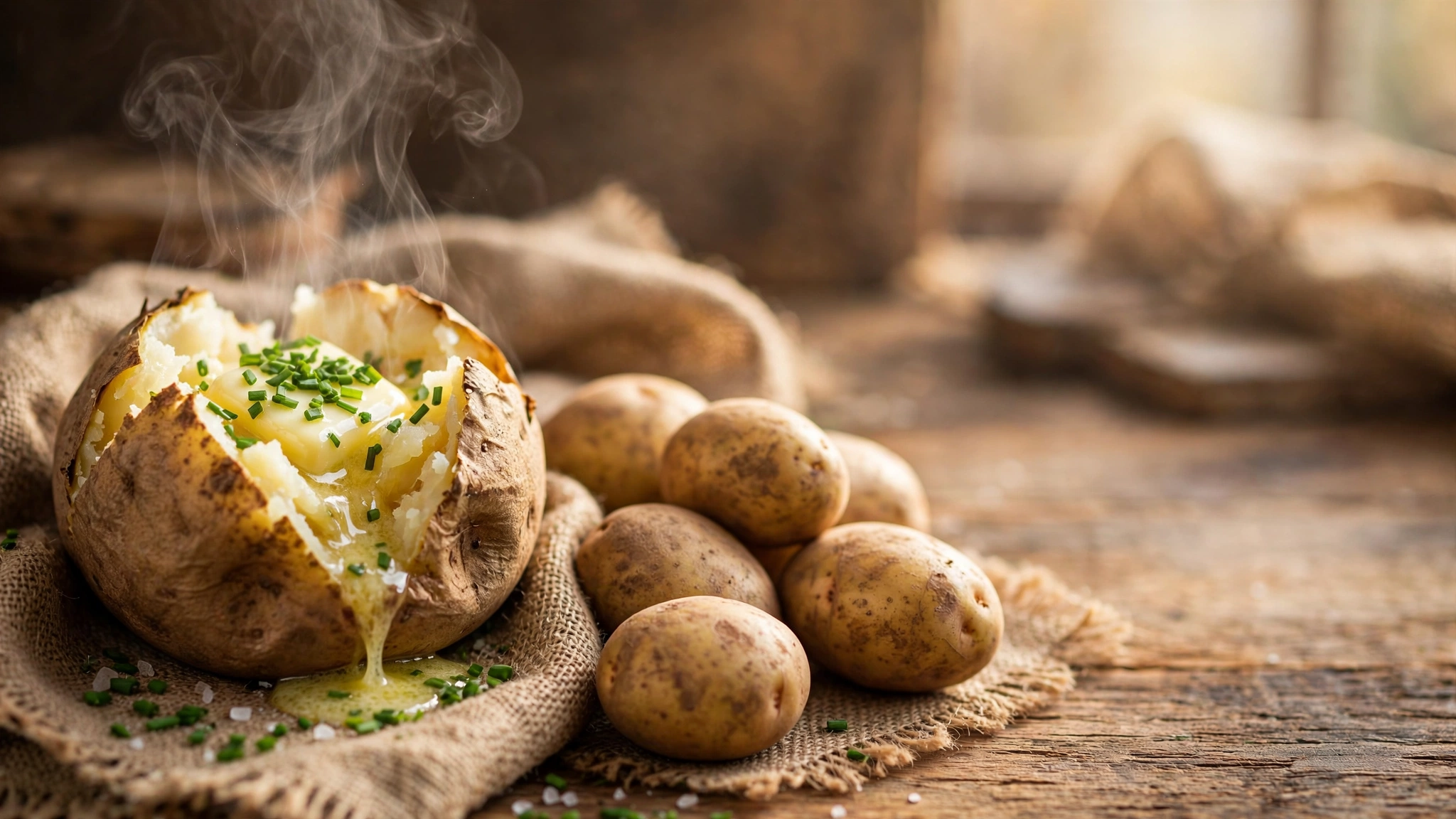 How many calories in a potato — baked potato split open with melting butter and chives on rustic burlap