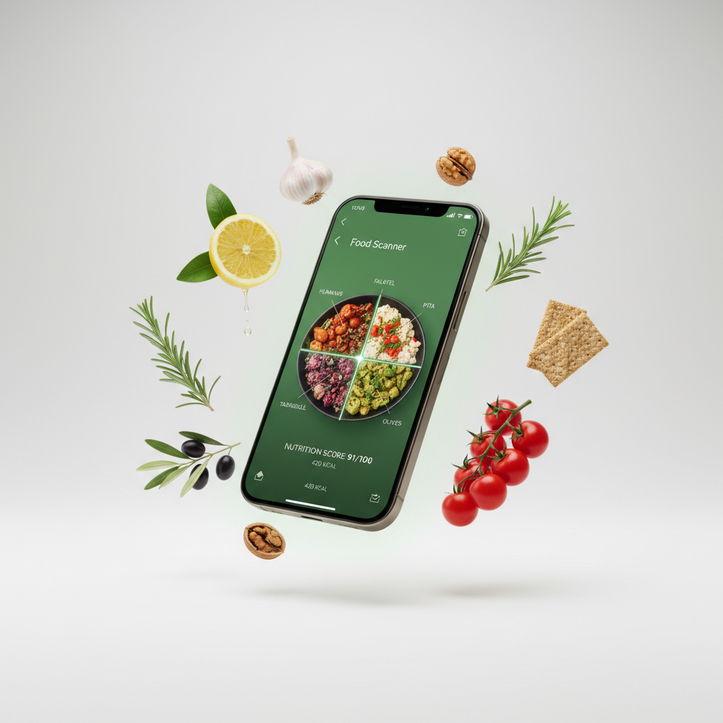 FoodIdentifier AI food scanner identifying Mediterranean mezze platter nutrition facts calories macros health score instantly from photo