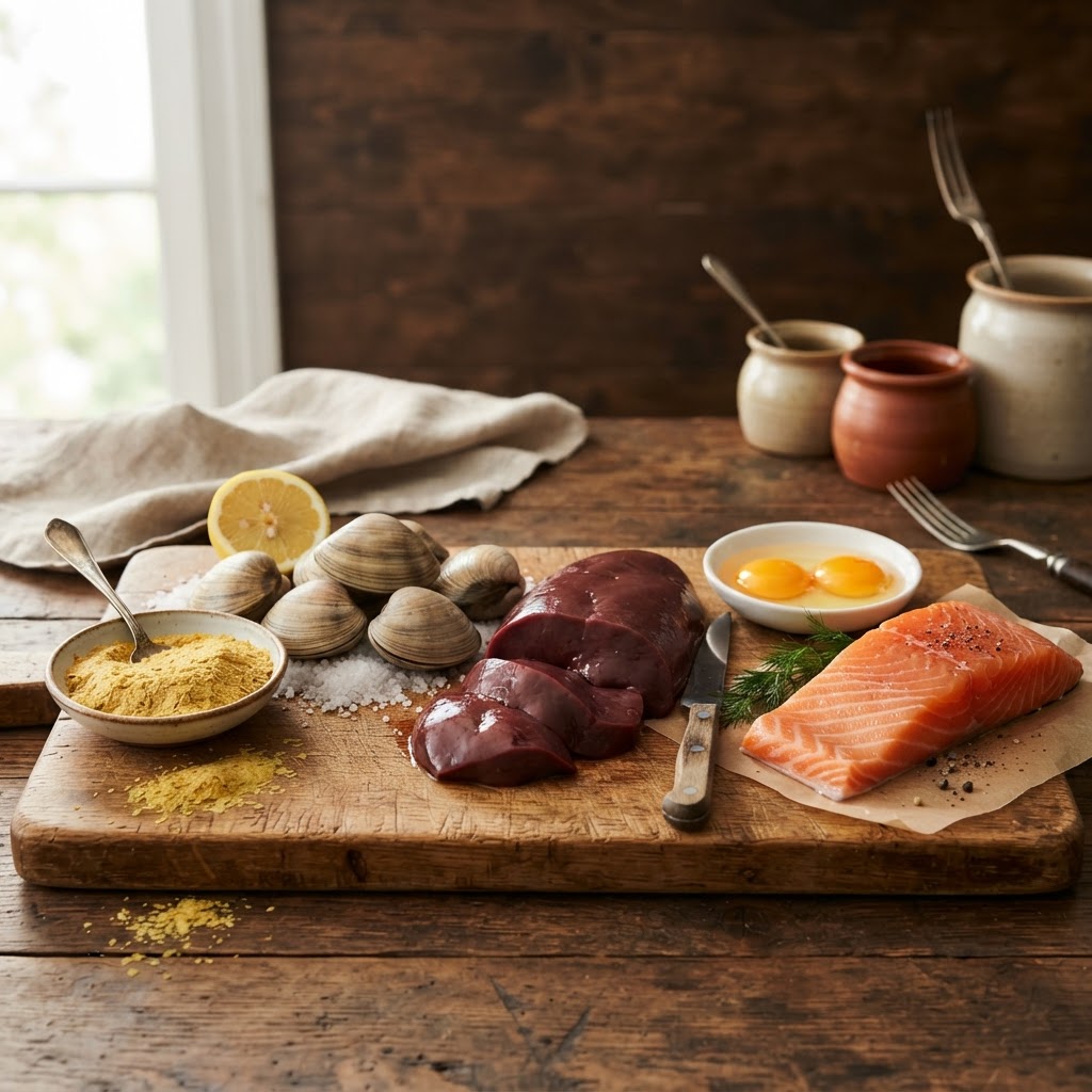 Foods high in vitamin B12 — beef liver, salmon, eggs, clams, and nutritional yeast on a wooden board — FoodIdentifier.com