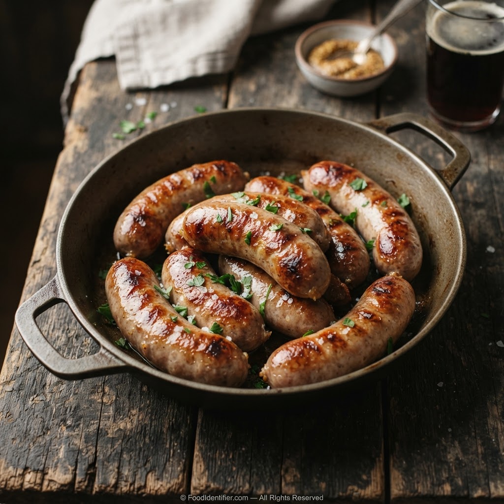Cooked pork sausages in a pan — 325 calories per 100g