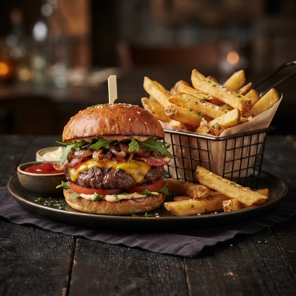 Red Robin nutrition calculator — a gourmet burger and bottomless steak fries spread in red and yellow tones