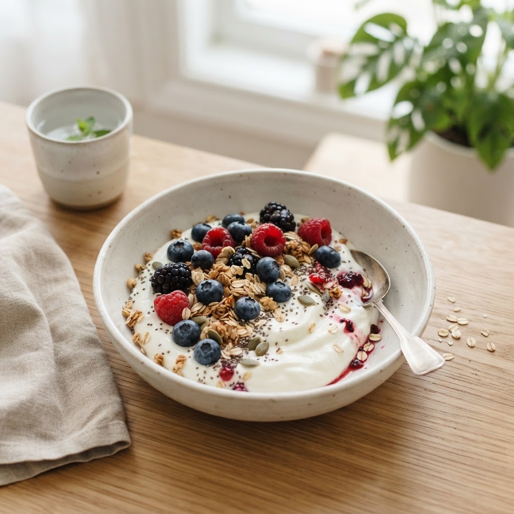 Day before the shot — protein-first breakfast of Greek yogurt, berries and oats.