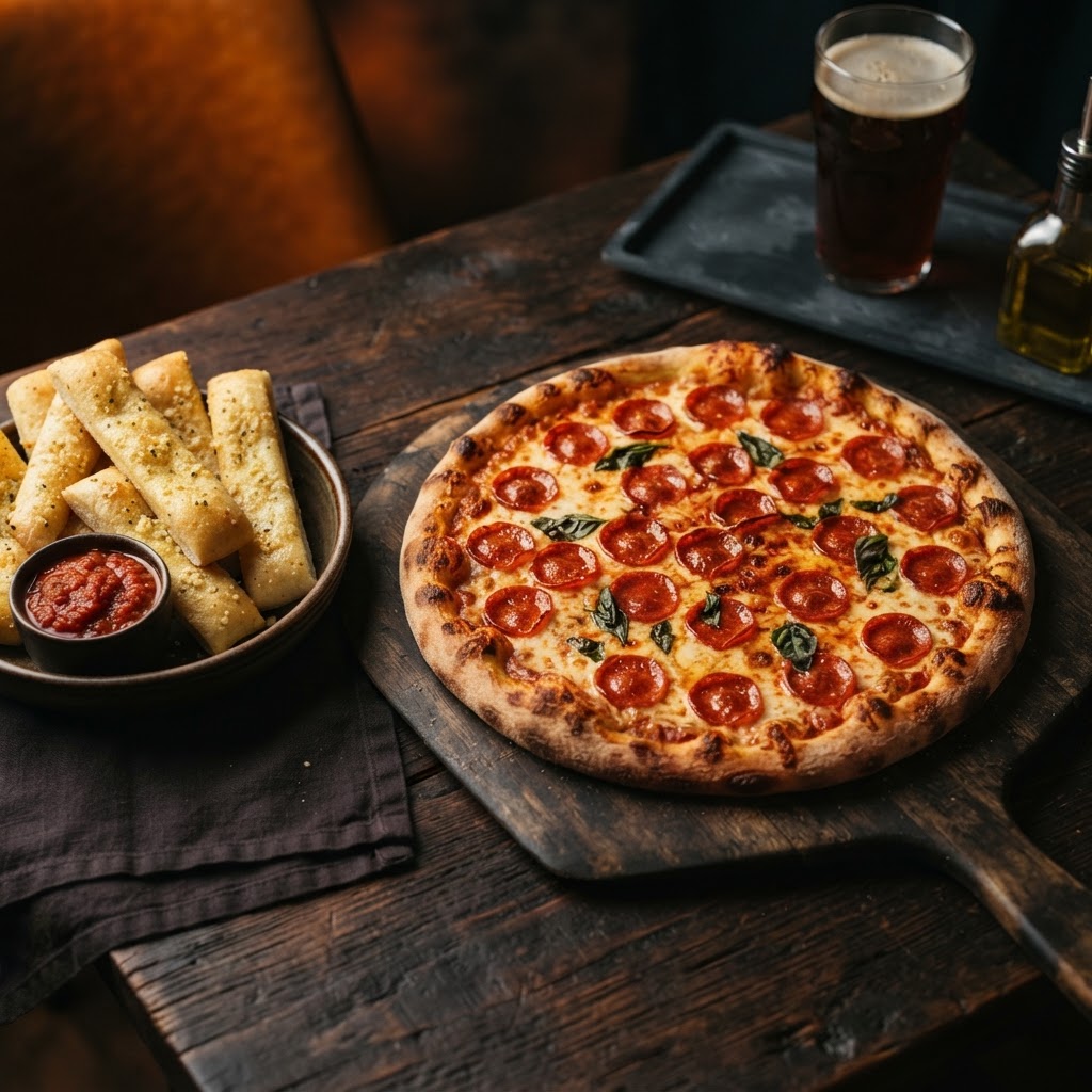 Little Caesars nutrition calculator — a pepperoni pizza and Crazy Bread sticks spread in orange and black tones