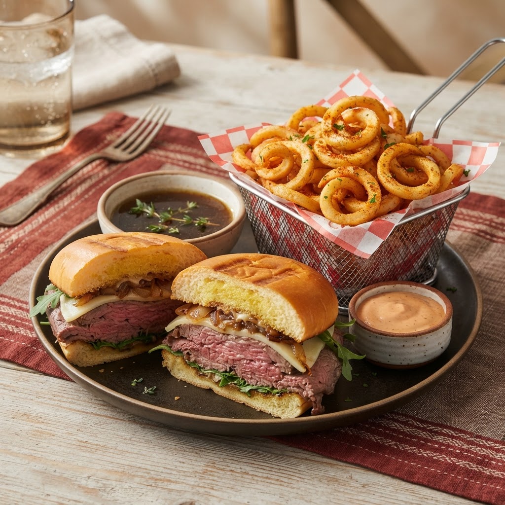 Arby's nutrition calculator — a roast beef sandwich with au jus and a basket of seasoned curly fries in red and brown color palette