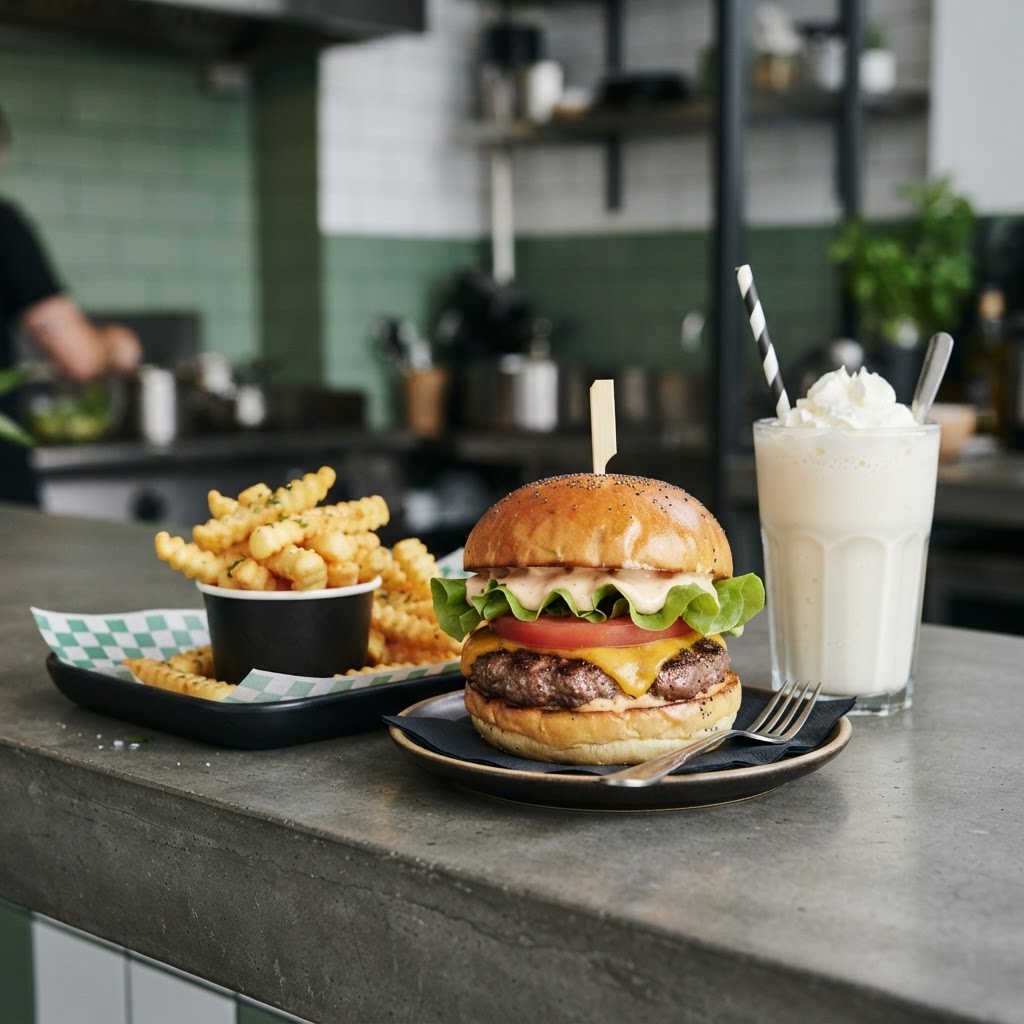 Shake Shack nutrition calculator — gourmet cheeseburger with crinkle-cut fries and vanilla shake in green black and white modern burger stand color palette