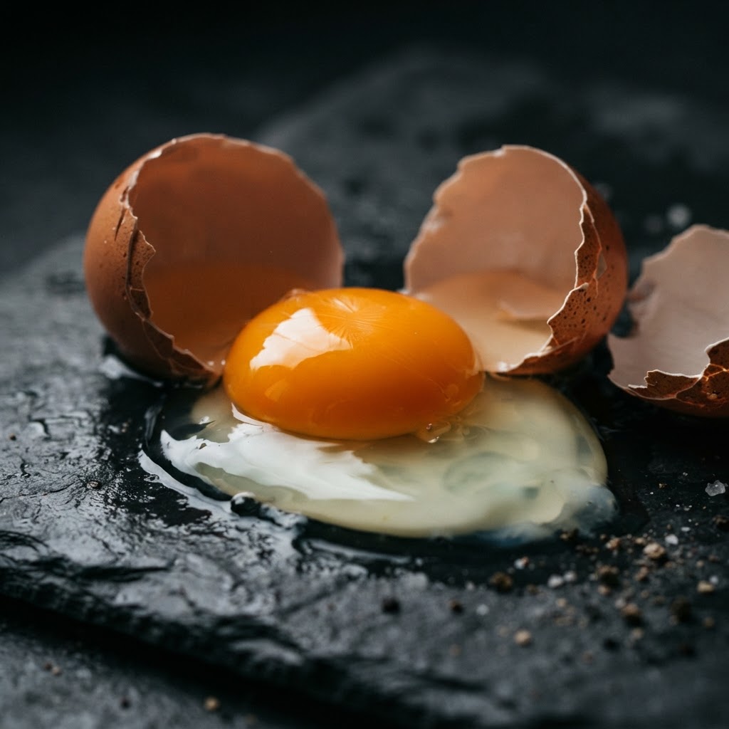 A cracked egg with a deep-orange yolk — all of an egg's cholesterol, about 186mg, sits in the yolk.