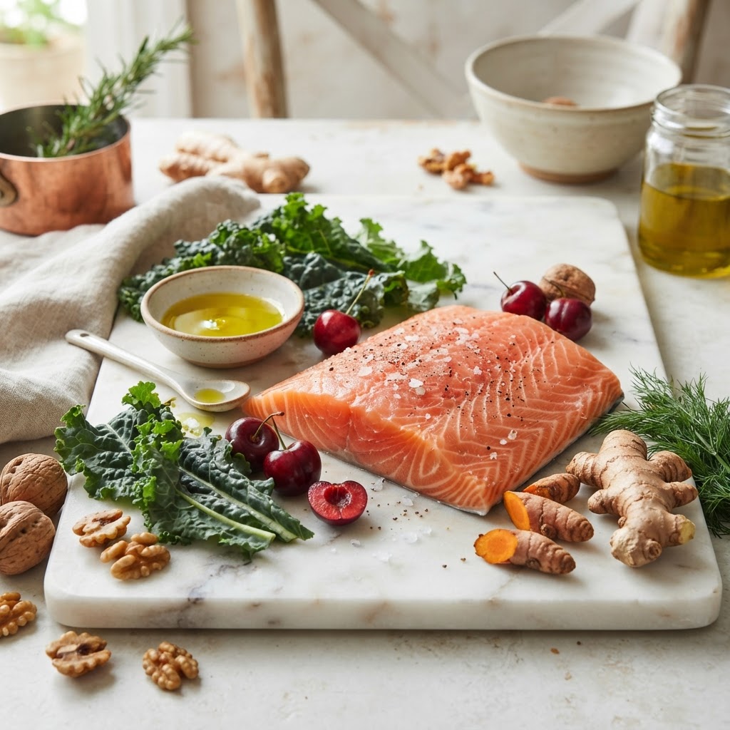 Foods for arthritis — salmon, turmeric, ginger, cherries, walnuts, olive oil, and leafy greens on a marble slab — FoodIdentifier.com