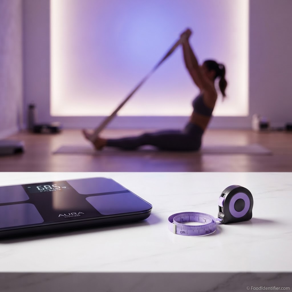 Body composition measuring tape and scale on white surface — FoodIdentifier body fat percentage and measurements tracker