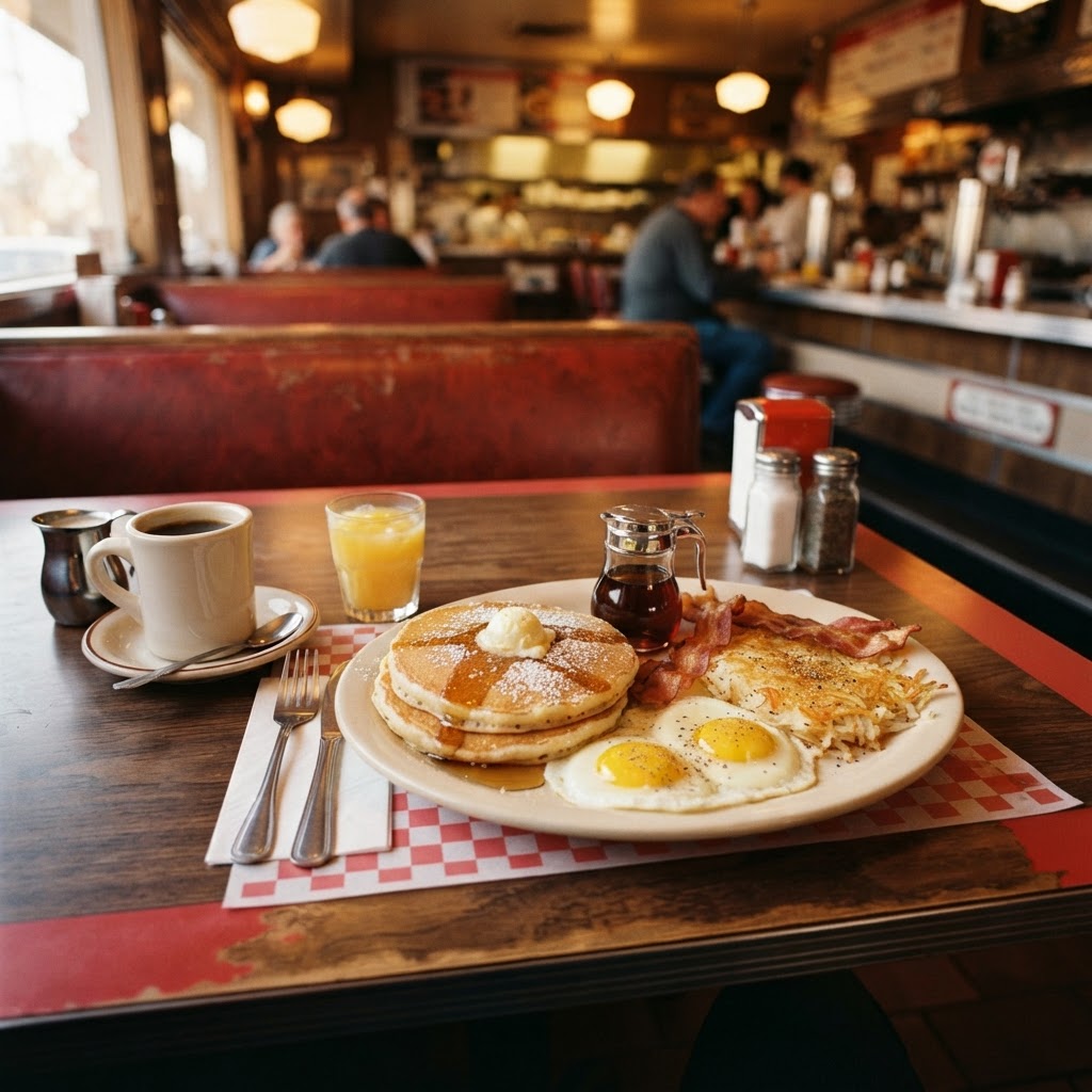 Denny's nutrition calculator — a warm diner breakfast spread with pancakes eggs bacon and hash browns in red and yellow tones