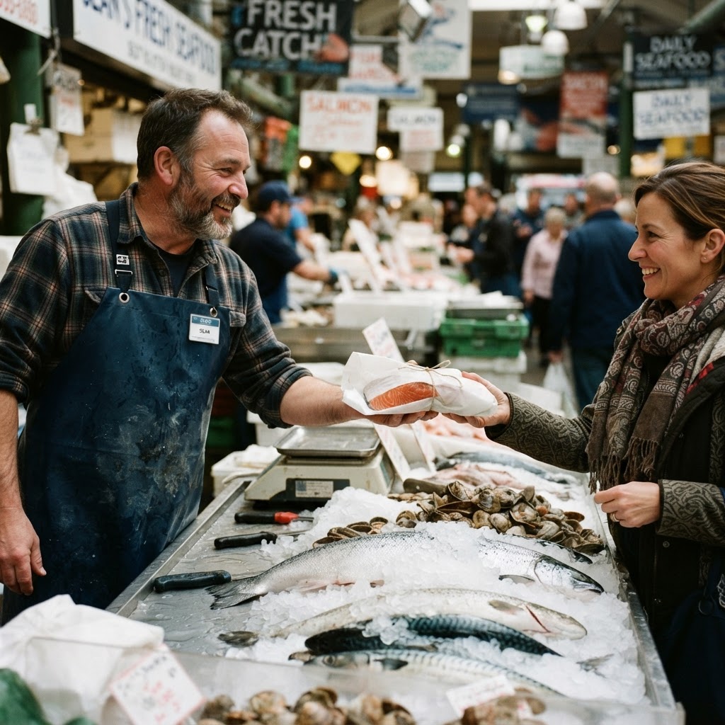 At the fish counter — salmon and herring are the creatine standouts.