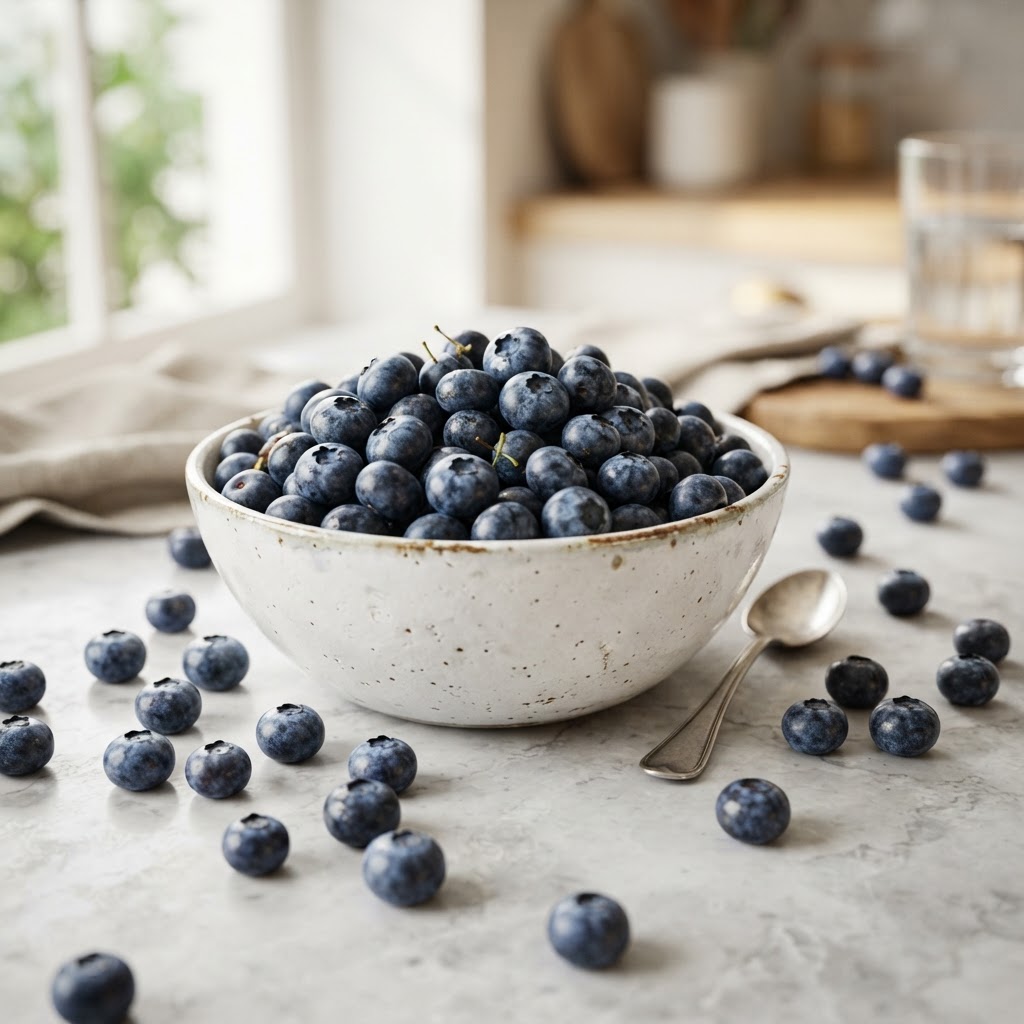 How many calories in blueberries - fresh ripe blueberries in a bowl with some scattered and USDA nutrition facts - FoodIdentifier