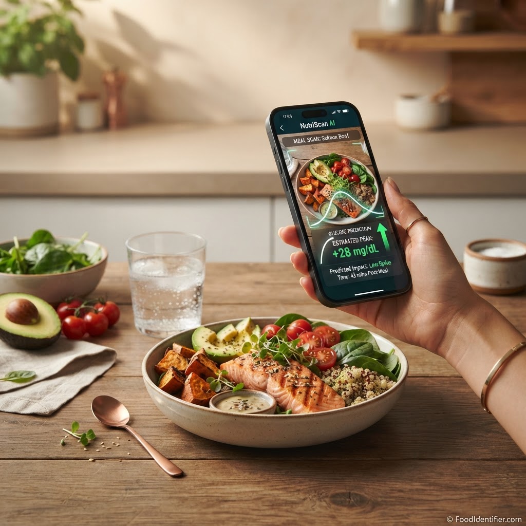 Smartphone scanning a healthy meal with AI blood sugar prediction overlay — FoodIdentifier GLP-1 Ozempic food checker, AI food scanner, and blood sugar predictor