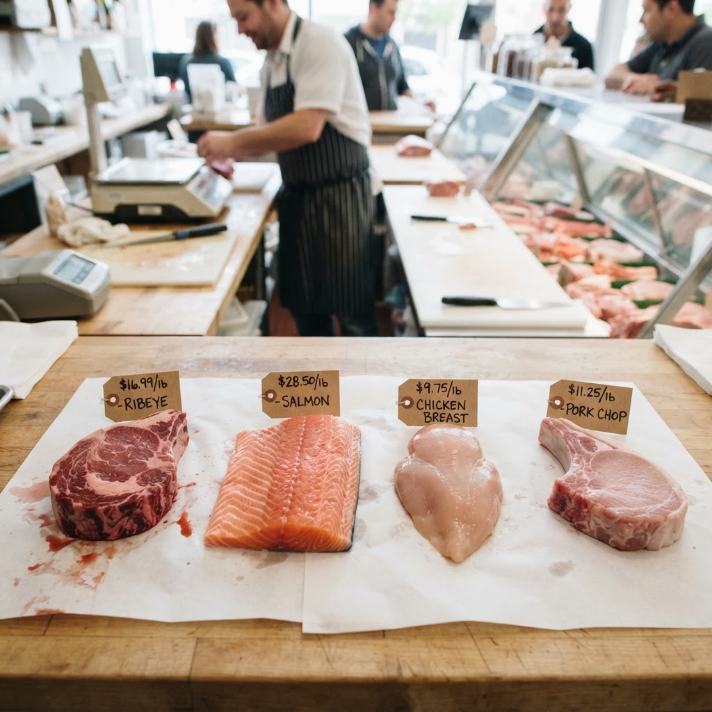 Meat and fish are where food creatine lives — beef, salmon, chicken and pork compared.