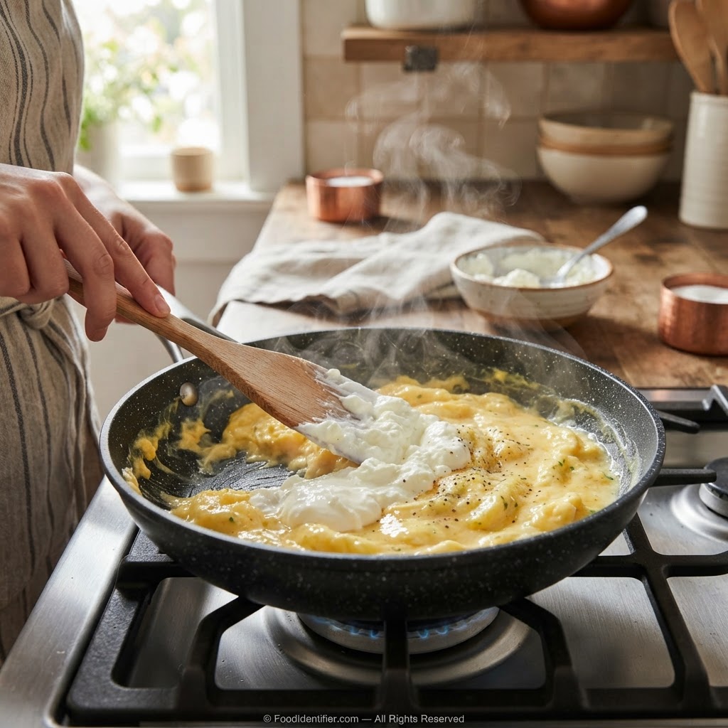 Blending cottage cheese into scrambled eggs adds 10 to 15 grams of protein — and nobody at the table can tell.