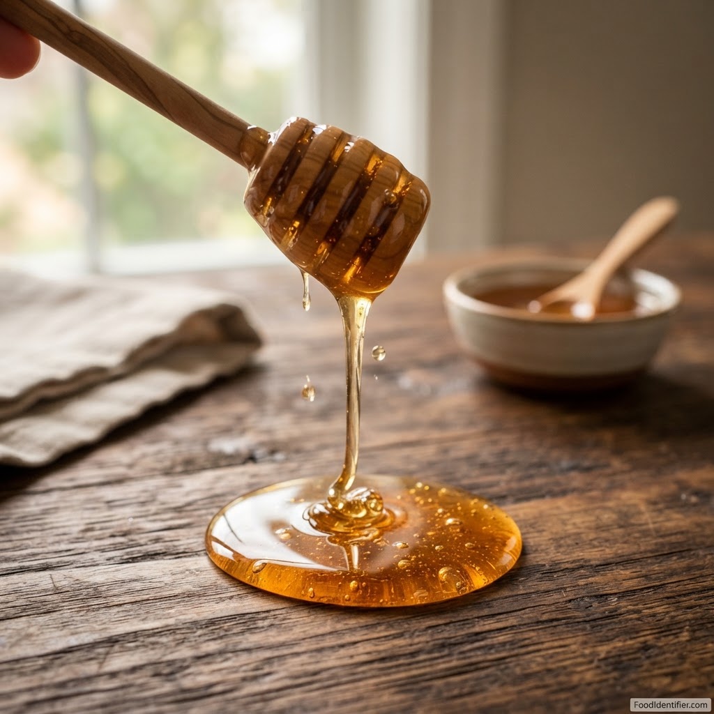 How many calories in honey — a spoon drizzling golden honey over a wooden table.