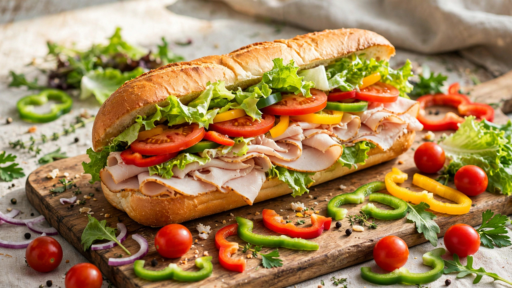 Subway nutrition calculator — a footlong turkey sub with fresh vegetables on a wooden cutting board
