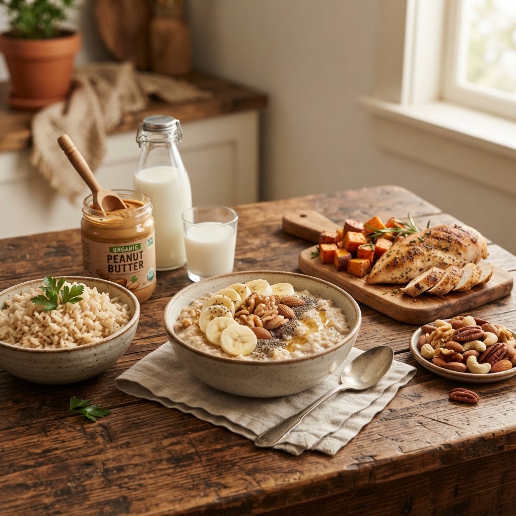 Foods to gain weight — oatmeal with banana and nuts, peanut butter, whole milk, brown rice, chicken, and sweet potatoes on a wooden table — FoodIdentifier.com