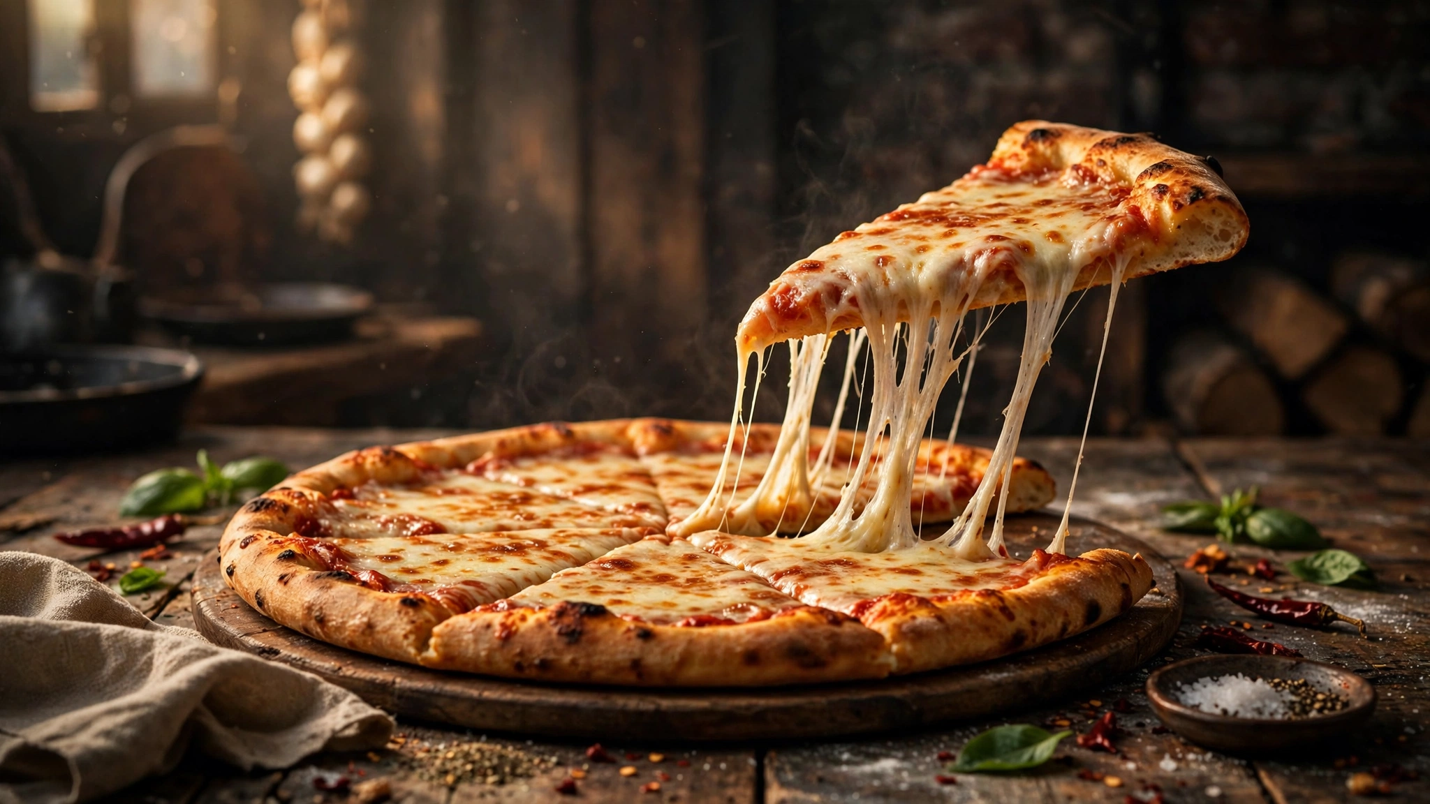 How many calories in a slice of pizza — cheese pizza with dramatic cheese pulls on a rustic wooden board