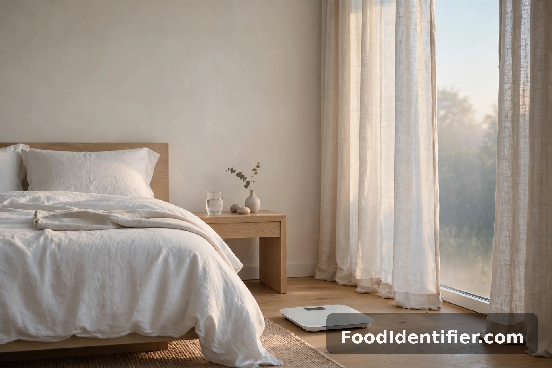 Morning routine \u2014 a bright bedroom with white linen bedding and a smart scale on wooden flooring in soft morning light
