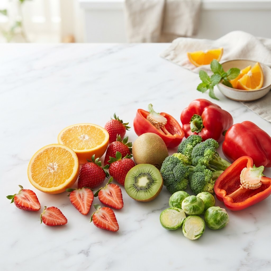 Foods high in vitamin C — oranges, bell peppers, strawberries, kiwi, and broccoli on a marble surface — FoodIdentifier.com