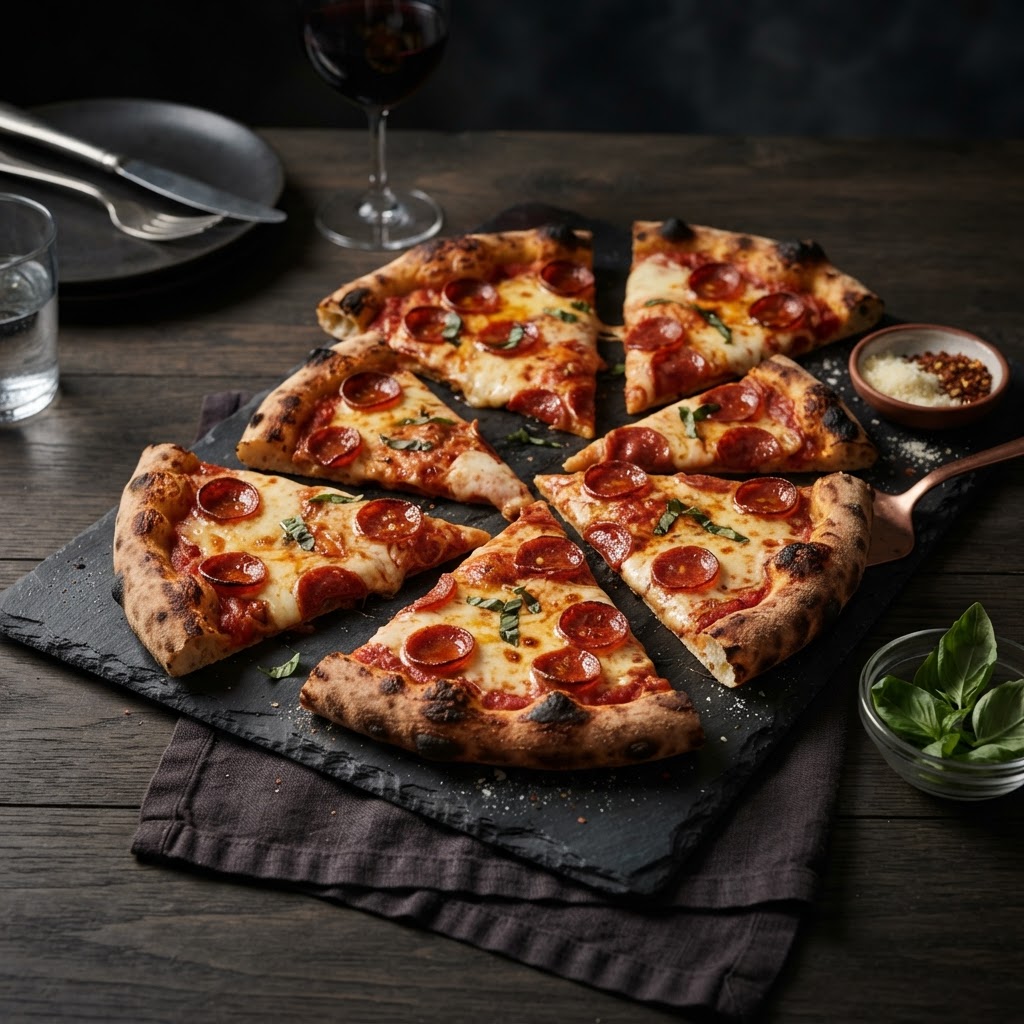 Pizza Hut nutrition calculator — a pizza spread featuring multiple pizza slices with pepperoni and cheese in red and black tones