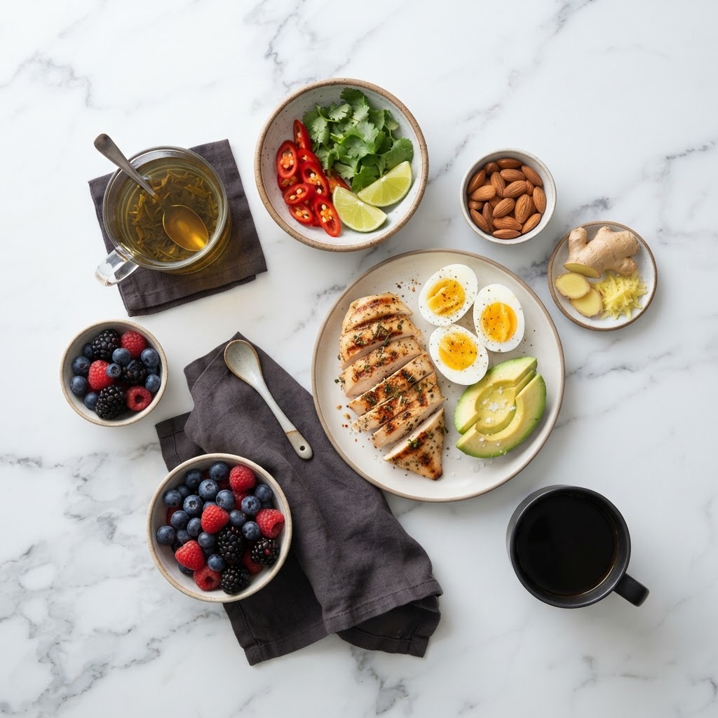 Foods that speed up metabolism — green tea, chili peppers, lean protein, eggs, and water on a marble counter — FoodIdentifier.com