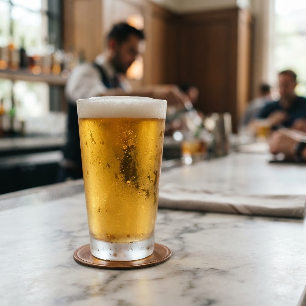 A glass of golden beer with condensation — 153 calories per 12 oz can
