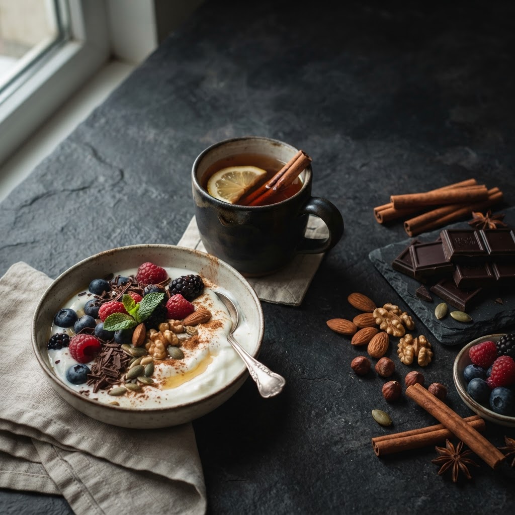 How to stop sugar cravings — berries, dark chocolate, cinnamon, Greek yogurt, nuts, and herbal tea on a stone surface — FoodIdentifier.com