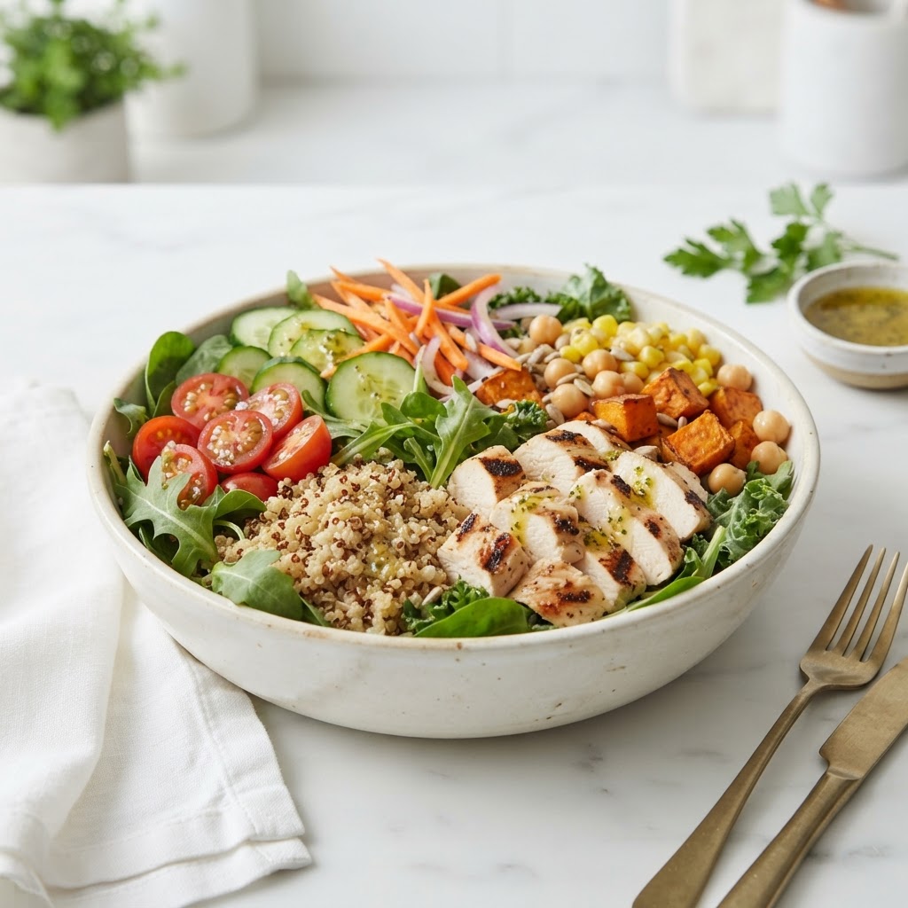 Sweetgreen nutrition calculator — fresh salad bowl with grilled chicken, mixed greens, colorful vegetables, quinoa, and vinaigrette in bright clean green and white tones