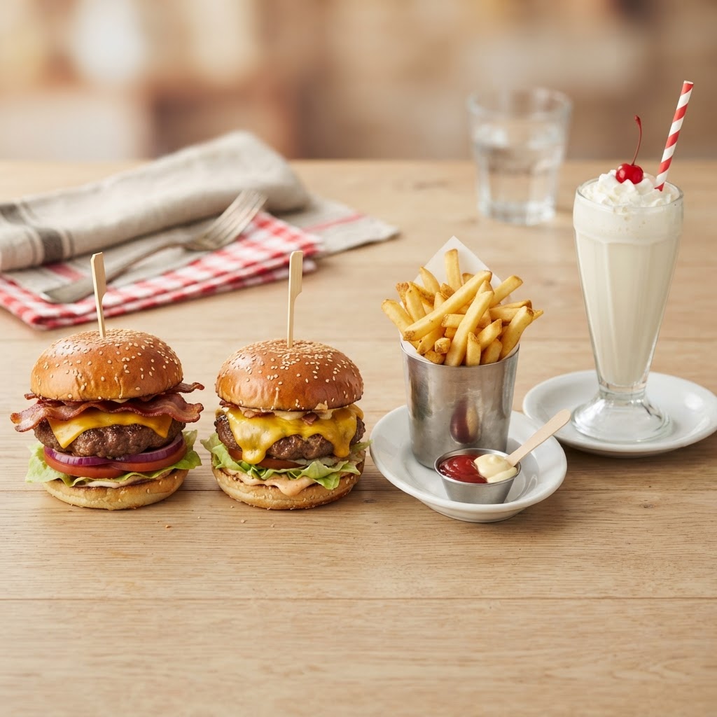 Five Guys nutrition calculator — cheeseburger, bacon burger, fries in a cup, and a milkshake in red and white color palette
