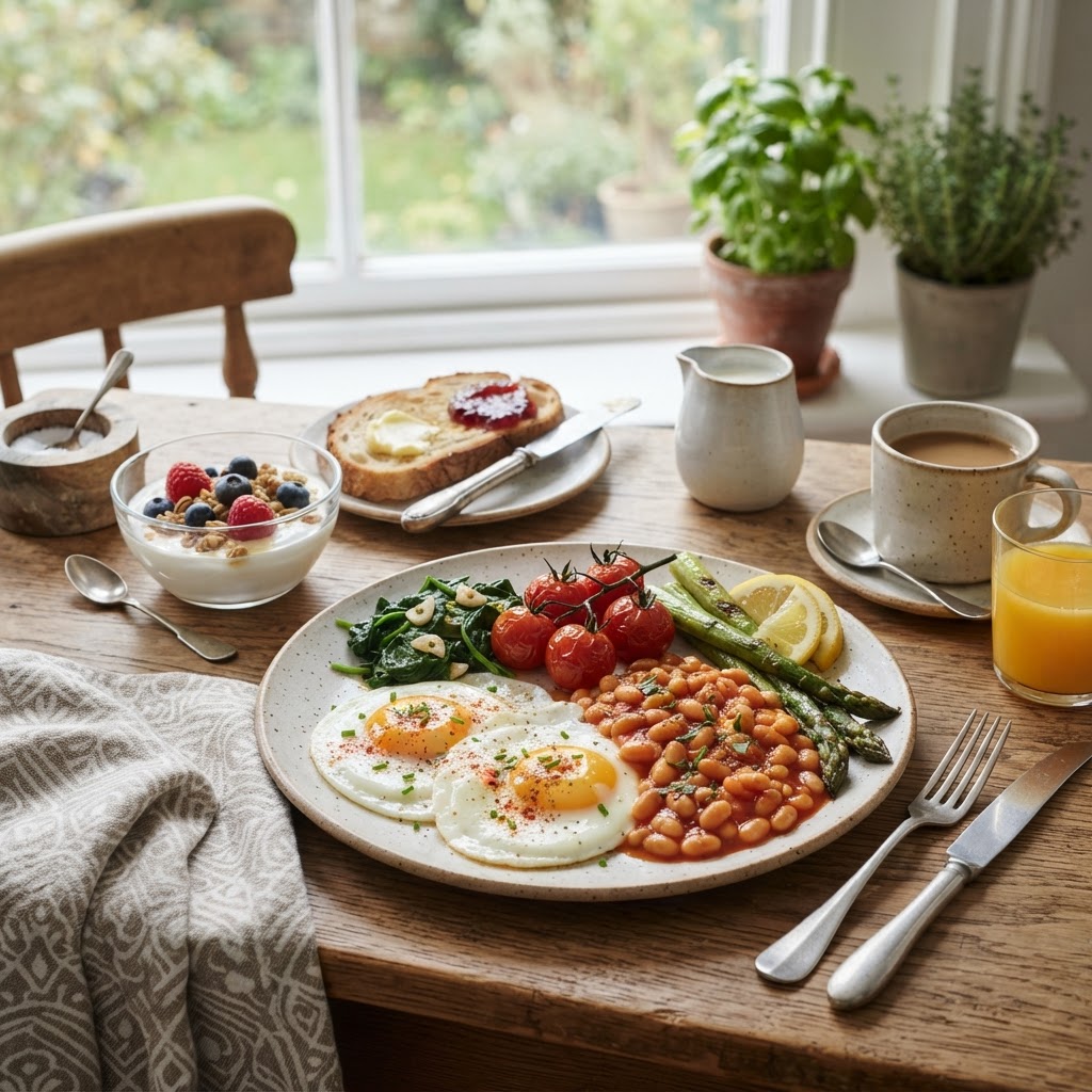A balanced breakfast plate with eggs, beans and vegetables — judge the whole plate, not just the egg.