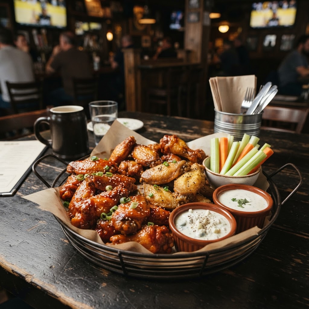 Buffalo Wild Wings nutrition calculator — a sports-bar wings spread with chicken wings in various sauces with celery and dipping sauces in yellow and black tones