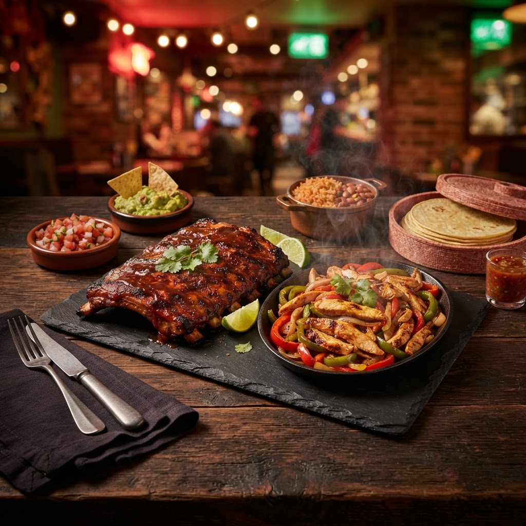 Chili's nutrition calculator — a Southwest grill spread with BBQ ribs and sizzling chicken fajitas with peppers and onions in warm red and green tones