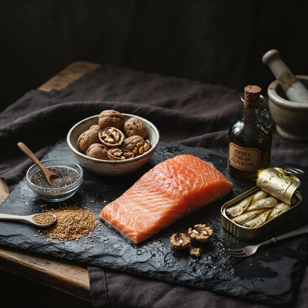Foods high in omega-3 — salmon, walnuts, chia seeds, flaxseeds, and sardines on a slate stone surface — FoodIdentifier.com