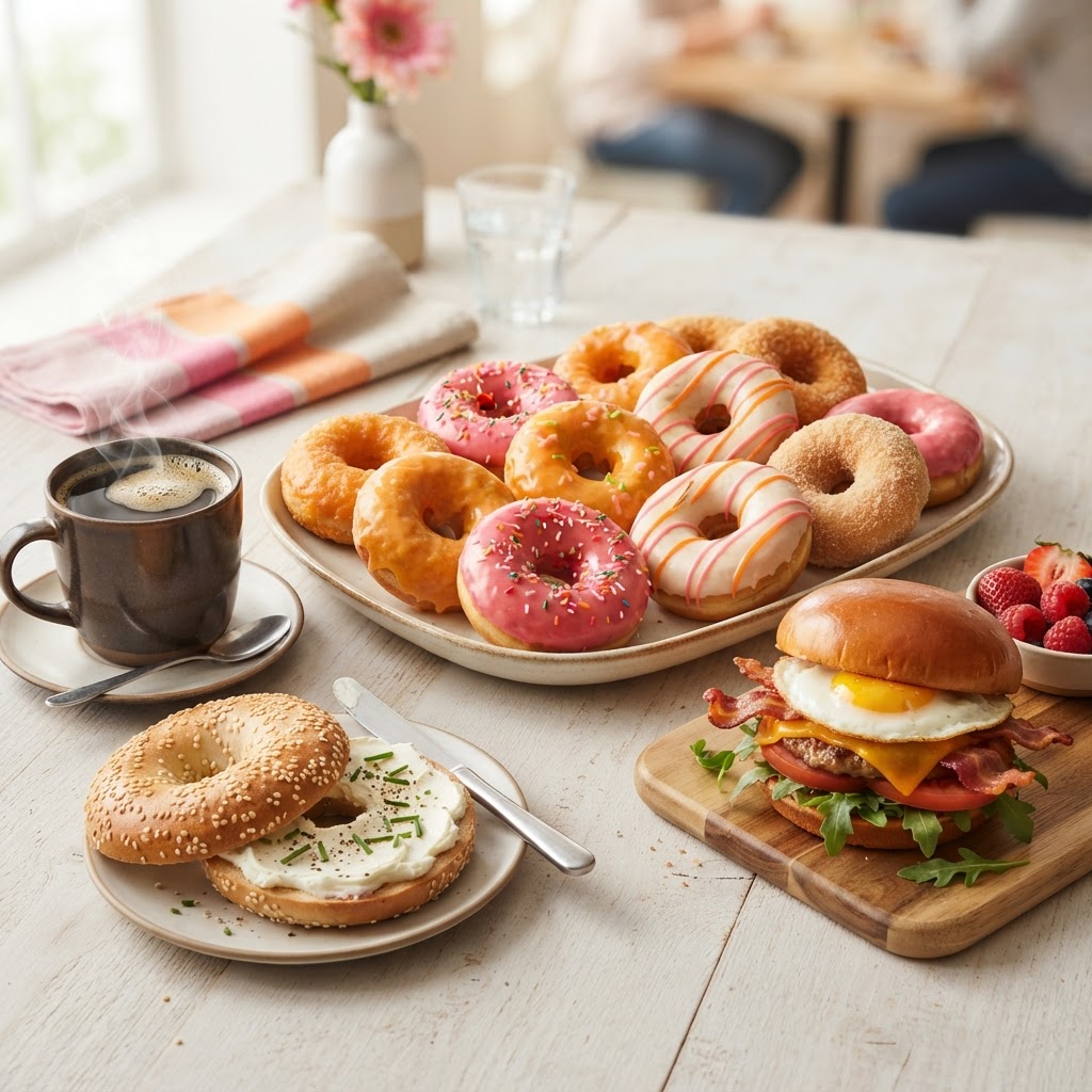 Dunkin' nutrition calculator — assorted donuts, coffee, bagel and breakfast sandwich in pink and orange color palette