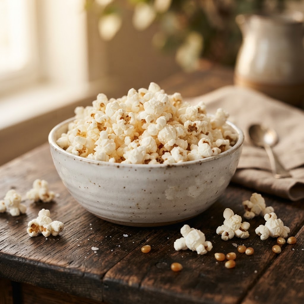 How many calories in popcorn - a bowl of freshly popped popcorn with some kernels scattered and USDA nutrition facts - FoodIdentifier