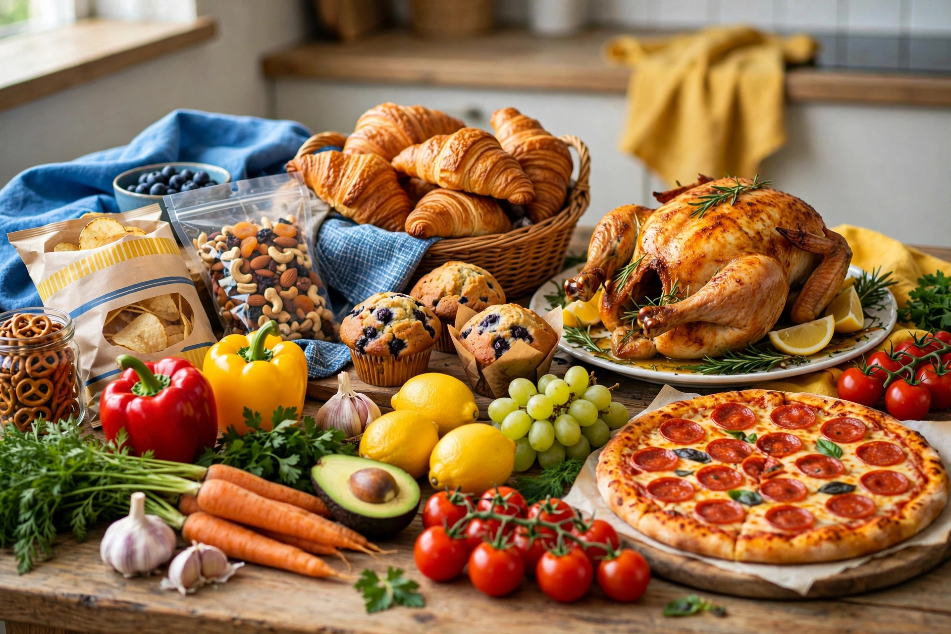 Walmart grocery haul with fresh produce, rotisserie chicken, pizza and bakery items