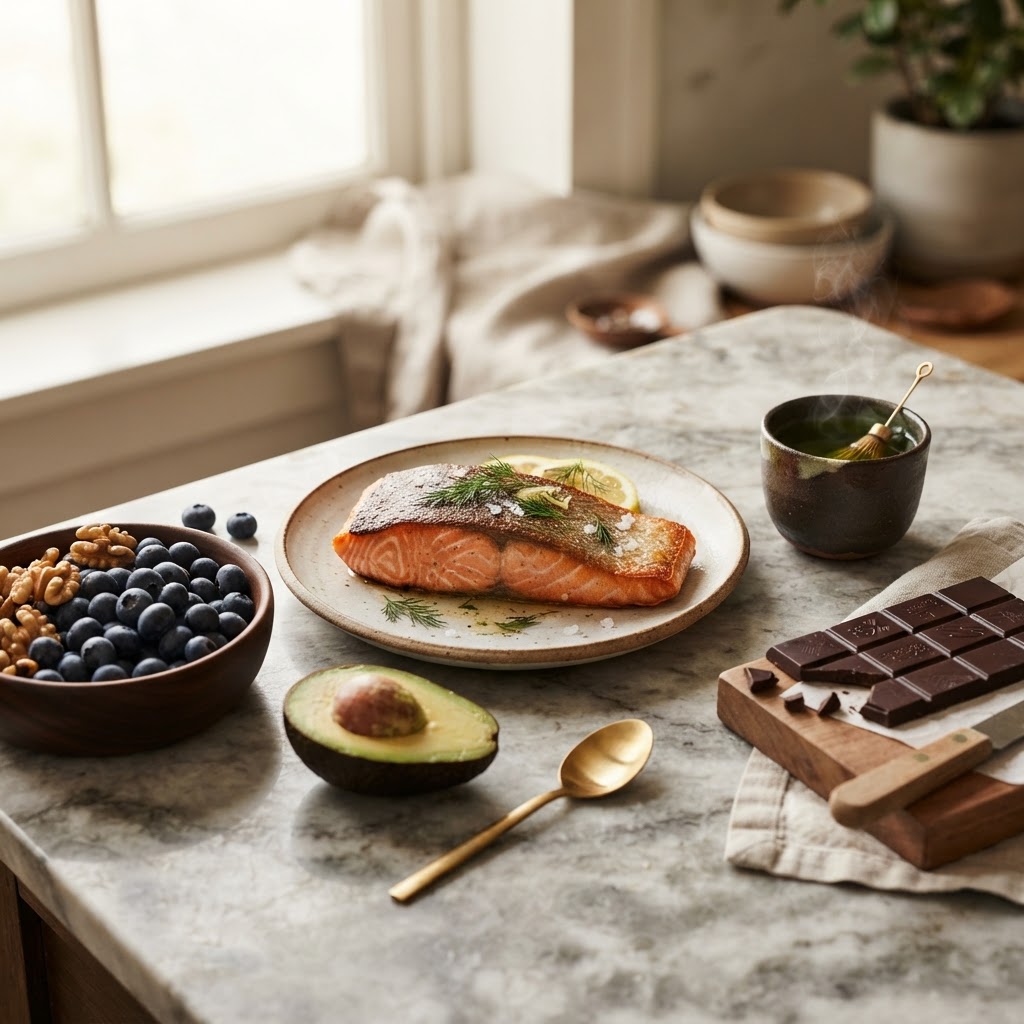Foods for depression — salmon, dark chocolate, walnuts, blueberries, avocado, and green tea on a stone surface — FoodIdentifier.com