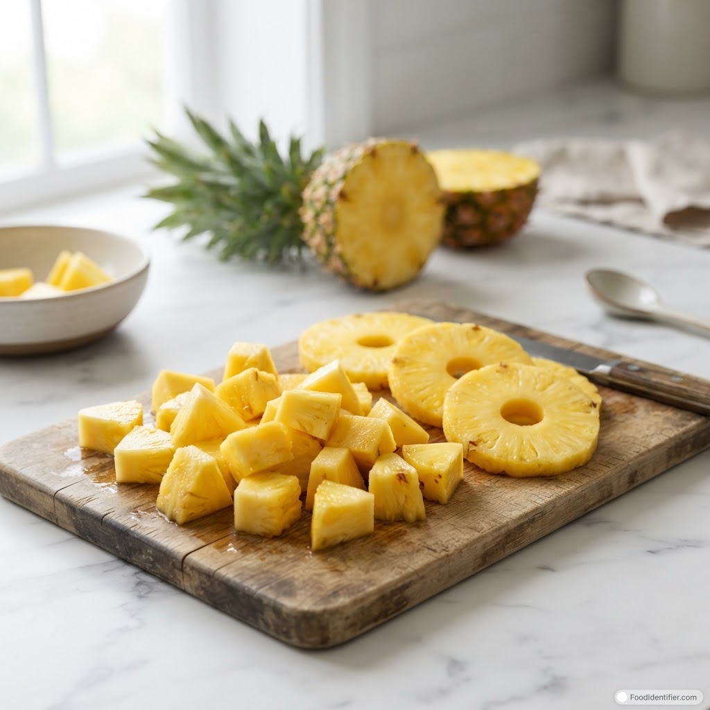 How many calories in pineapple — fresh pineapple chunks and slices on a board.