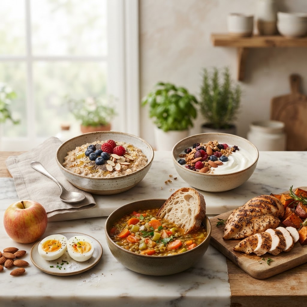 Most filling foods — boiled eggs, Greek yogurt, oatmeal, apples, almonds, lentil soup, and chicken breast on a stone counter — FoodIdentifier.com