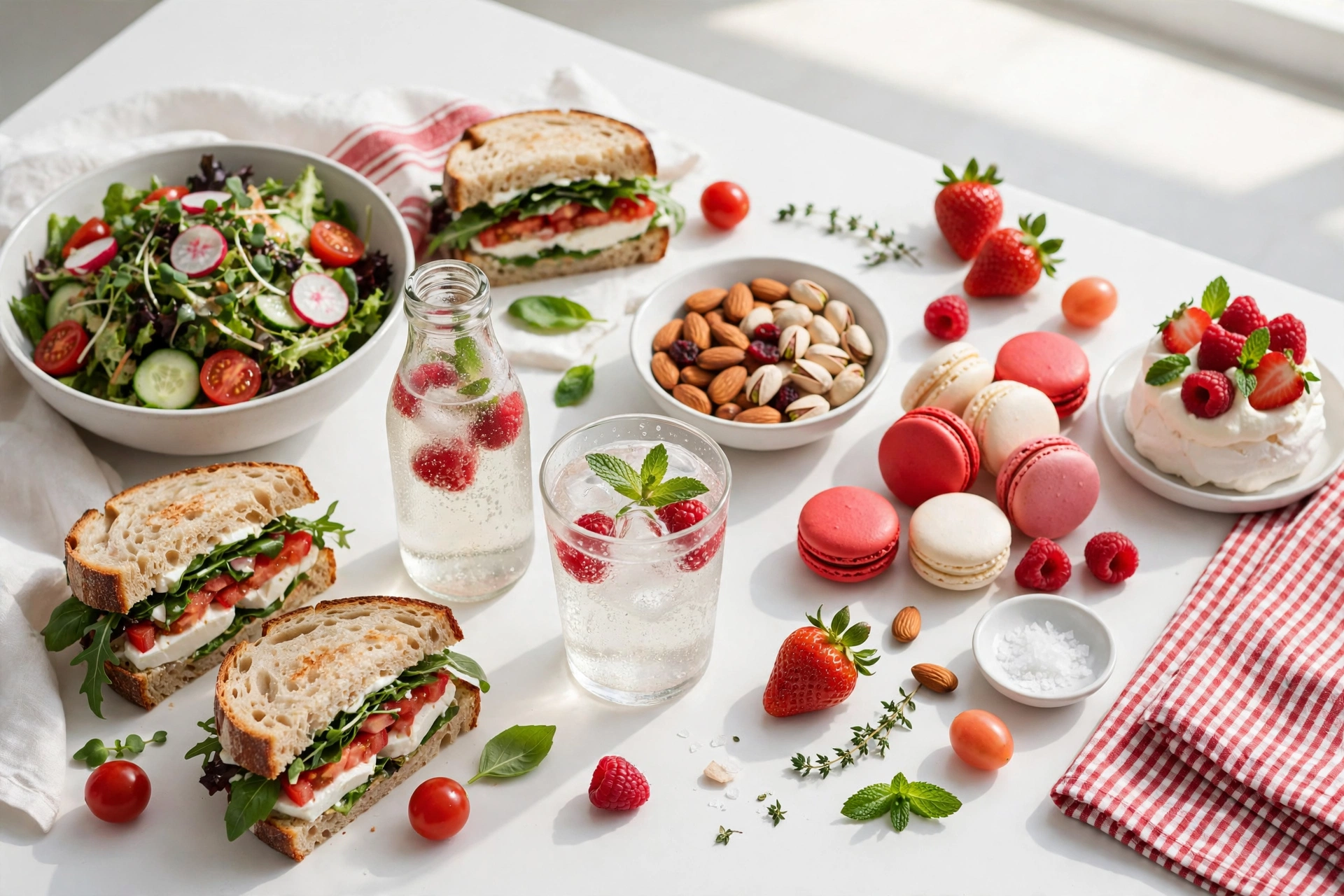 Target grocery spread with salad, sandwiches, sparkling water, macarons and berries