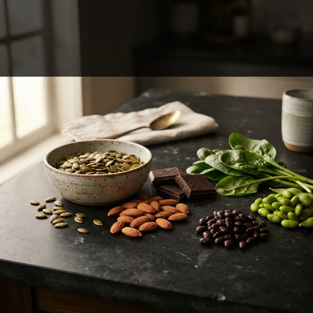 Foods high in magnesium — pumpkin seeds, almonds, dark chocolate, spinach, and black beans on a stone counter — FoodIdentifier.com