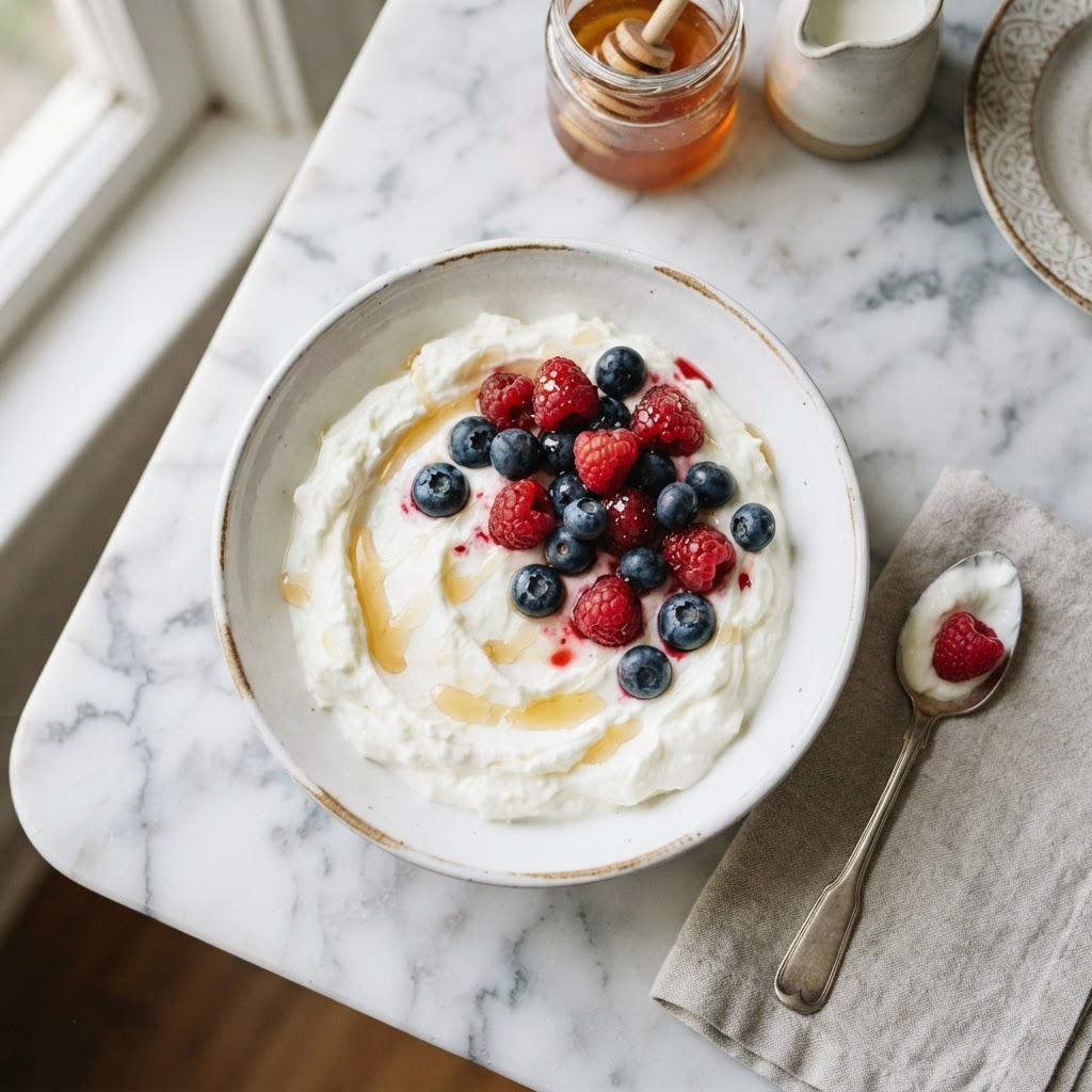 How many calories in Greek yogurt - creamy Greek yogurt bowl with berries and full USDA nutrition facts - FoodIdentifier