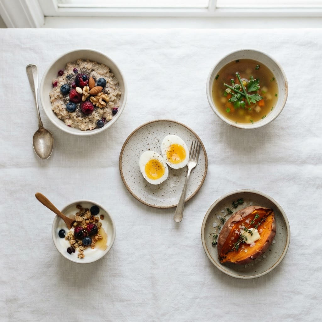 Five gentle shot-day meal templates — small soft protein-first meals for the 72-hour window.