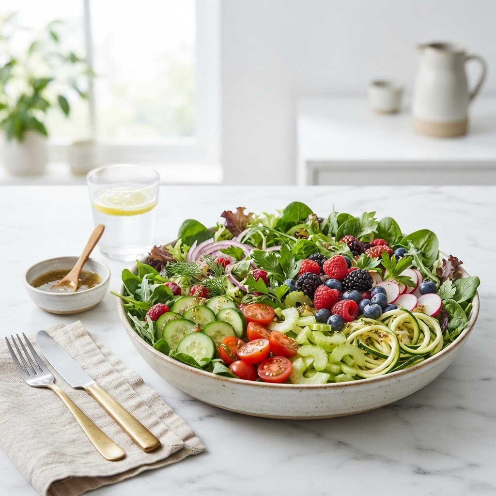 High volume low calorie foods — large bowl of leafy green salad, cucumber, cherry tomatoes, celery, zucchini noodles, and berries on a marble surface — FoodIdentifier.com