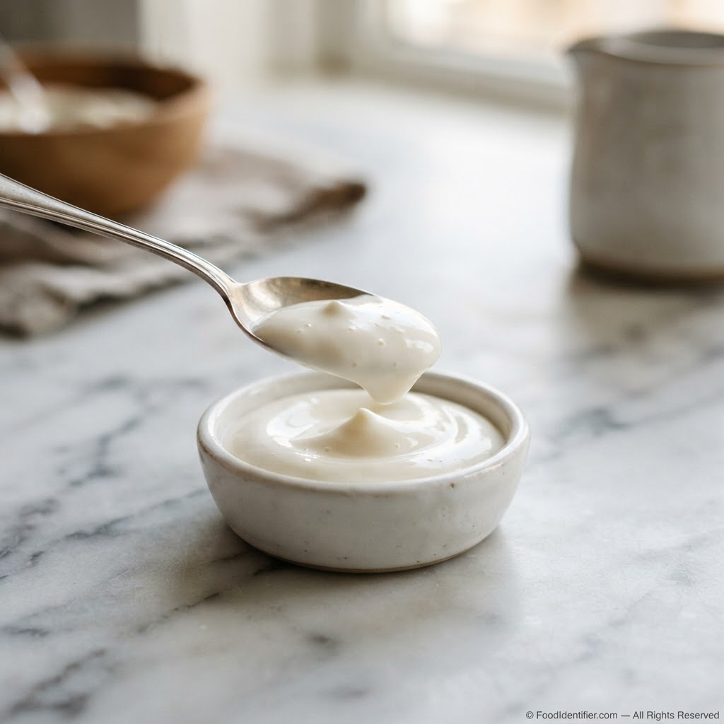 A spoonful of mayonnaise in a small dish — 680 calories per 100g
