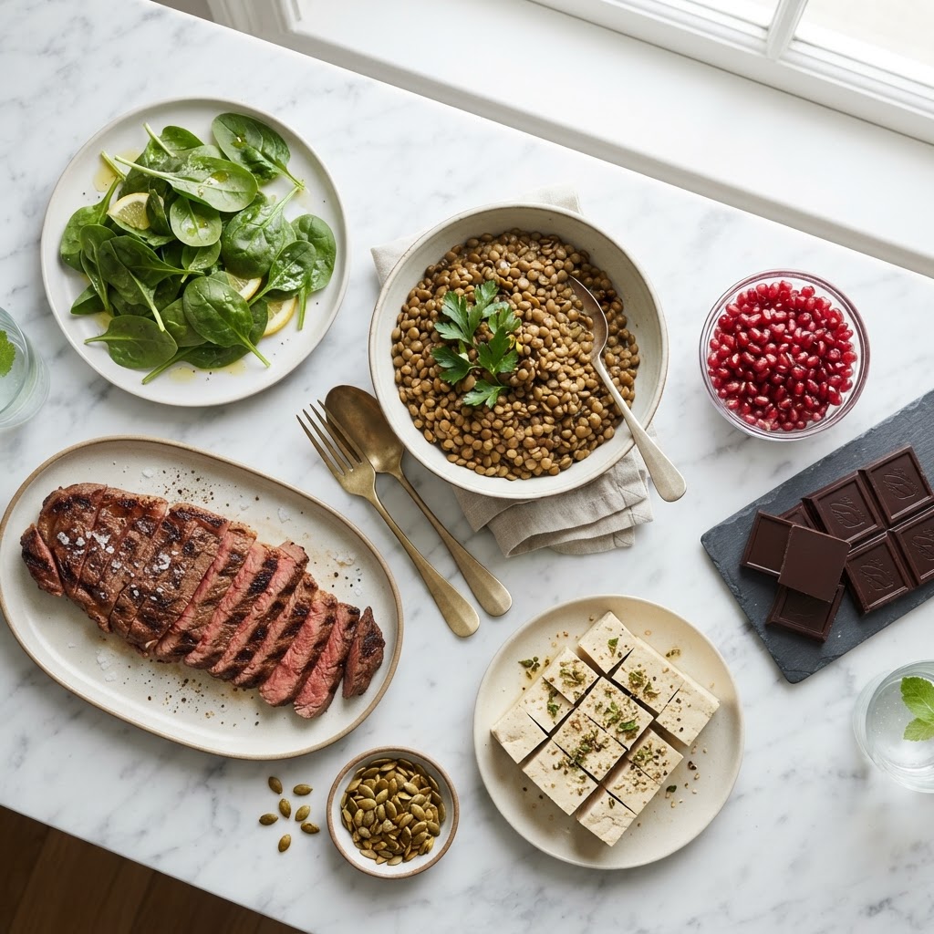 Foods high in iron — spinach, steak, lentils, pumpkin seeds, dark chocolate, and tofu on a marble counter — FoodIdentifier.com